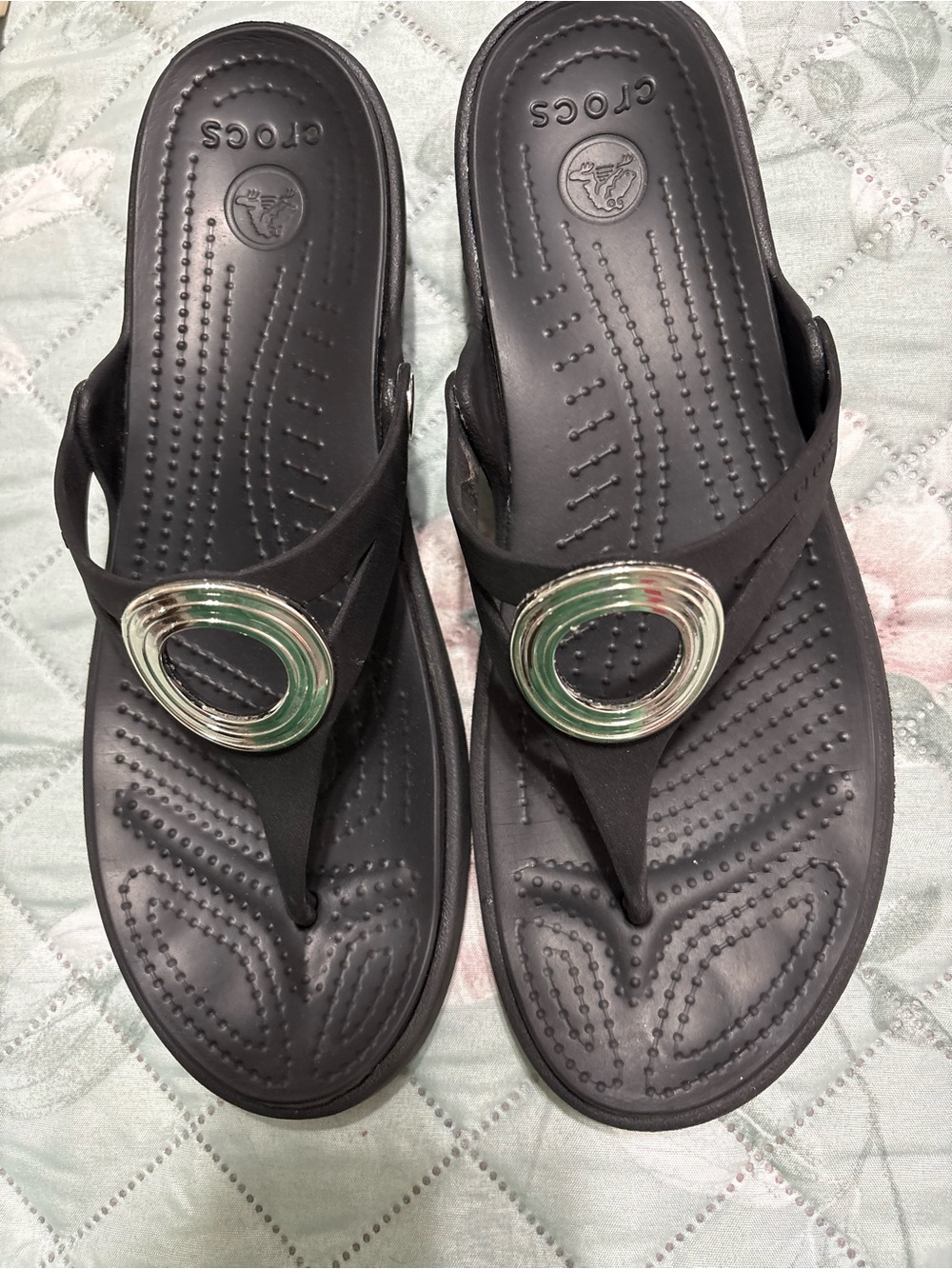 CROCS Black Thong Sandals with Silver Ring Detail